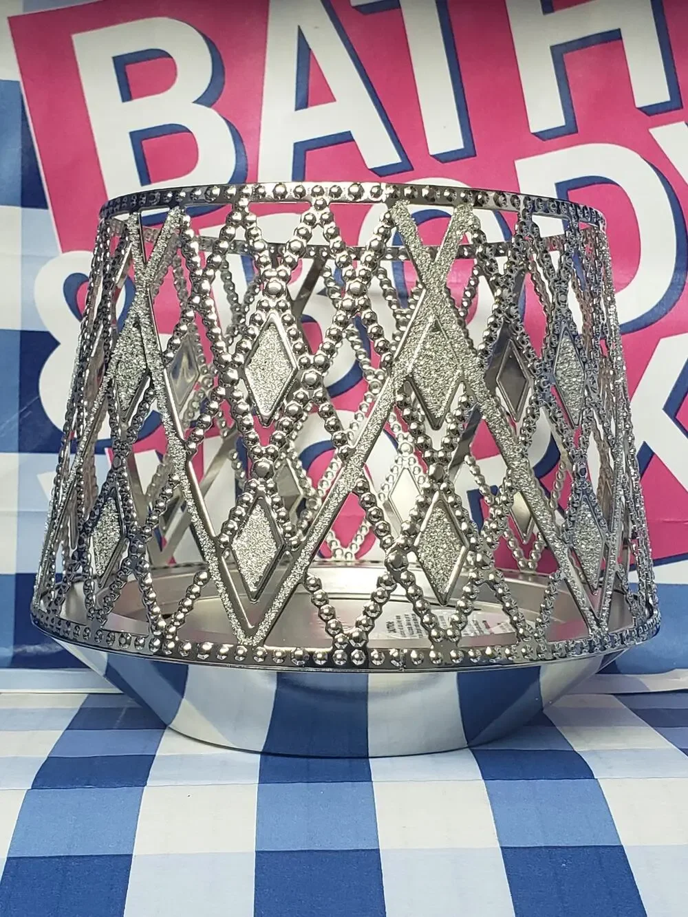 BBW Silver Glittery Gemmed Argyle Large 3 Wick Candle Holder Home Decor